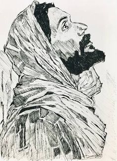 a black and white drawing of a man with a beard wearing a shawl on his head