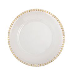 an empty white plate with gold beading on the rim and bottom, isolated against a white background