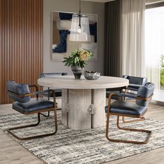 a dining room table with chairs and a vase on top of it in front of a window