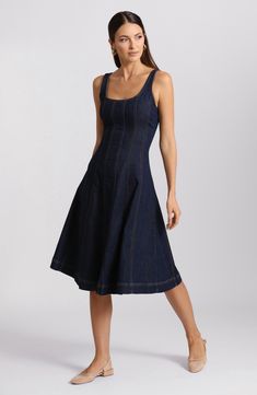 Fall for the flared silhouette of this sleeveless denim dress designed with contrasting topstitching. 46" length (size medium) Hidden back-zip closure Scoop neck Sleeveless 85% cotton, 13% polyester, 2% spandex Machine wash, line dry Imported Strapless Denim Dress, Casual Weekend Outfit, Mid Dress, Feminine Casual, Sleeveless Denim Dress, Midi Dress Fall, Denim Midi Dress, Indigo Denim, Dresses Royal