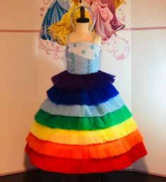 Amazing Rainbow OOC, carnival outfit. Included dress,  head hoop.The top is decorated with light blue flowers, pearls and parallel strips.Size 3-4t (chest 21-22 waist 20 length from shoulder to hem 30-32).The outfit can be made in any size.Message me please and I'll send you a color chart. We can offer about 60 different colors to choose from.Outfit is tailored to order in any standard size.The size chart is the picture of the listing.If you want it to fit perfectly send me please the measuremen Playful Multicolor Princess Dress With Ruffles, Rainbow Tulle Dress For Spring, Spring Rainbow Tulle Dress, Rainbow Ruffle Dress For Dress-up, Cute Rainbow Princess Party Dress, Blue Sleeveless Tutu Dress For Fancy Dress, Spring Party Rainbow Princess Dress, Fitted Multicolor Princess Dress With Ruffles, Multicolor Tutu Dress For Summer Dress-up