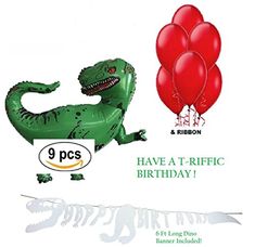 there is a green dinosaur balloon and red balloons