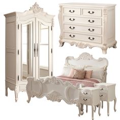 a white bedroom furniture set including a bed, dresser and armoire with mirrored doors