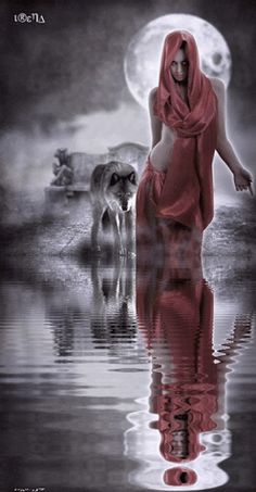 a woman in a red dress is walking with her dog on the water and two wolfs behind her