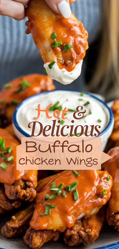 Close-up shot of a crispy buffalo chicken wing being dipped in ranch dressing, garnished with fresh chives, perfect for game day appetizers. Title text overlaid reads "Hot & Delicious Buffalo Chicken Wings" with additional wings and dipping sauce visible in the background. Easy Buffalo Wings, Buffalo Wings Recipe Baked, Chicken Hacks, Chicken Wings Crockpot, Air Fryer Recipes Beef, Buffalo Wings Recipe, Buffalo Chicken Wings Recipe, Wings Recipe Baked, Using Rotisserie Chicken