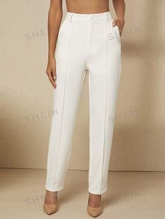 SHEIN BIZwear Pantalones de traje con costura delantera unicolor ropa de trabajo | Moda de Mujer | SHEIN México Women Suit Pants, White Dress Pants, Indian Fashion Dresses, Tapered Pants, Suit Pants, Pants Design, Trouser Suits, White Outfits, White Pants