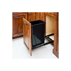 a black trash can sitting in the middle of a kitchen cabinet door open to reveal an empty dishwasher