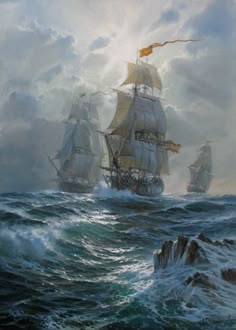 a painting of two ships in the ocean