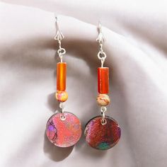 Stunning one of a kind handpainted dangle earrings with natural gemstone Handmade Artsy Round Jewelry, Artsy Dangle Jewelry For Jewelry Making, Iridescent Dangle Earrings Nickel Free, Artsy Handmade Round Jewelry, Handmade Round Artsy Jewelry, Artsy Czech Glass Jewelry As A Gift, Colorful Handmade Artsy Jewelry, Colorful Czech Glass Jewelry As Gift, Czech Glass Drop Earrings For Gifts