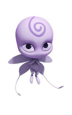 an animated character with big eyes and purple hair, standing in front of a white background