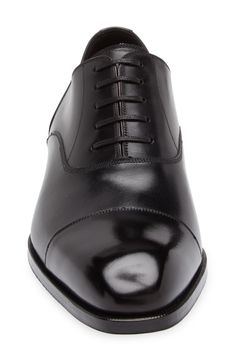 Styled with a cap toe and signature Blake welting, this burnished-leather oxford adds sophisticated flair to your formal looks. Lace-up style Leather upper, lining and sole Made in Italy Designer Shoes Fitted Formal Derby With Cap Toe, Formal Fitted Cap Toe Derby, Luxury Fitted Cap Toe Derby, Elegant Oxford Shoes With Leather Sole For Business, Elegant Business Oxford Shoes With Leather Sole, Elegant Business Oxford With Leather Sole, Classic Cap Toe Derby For Formal Occasions, Classic Cap Toe Oxfords For Semi-formal Occasions, Elegant Calf Leather Derby For Business