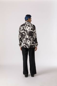 Full sleeve printed shirt in an abstract design Fit: Regular fit Color: blackFabric: Modal satin Formal Silk Printed Shirt, Designer Formal Shirt With Floral Print, Silk Printed Shirt For Workwear, Casual Black Silk Shirt, Formal Printed Silk Tops, Formal Silk Printed Tops, Formal Patterned Shirt With Floral Print, Formal Silk Tops With Printed Design, Formal Silk Tops With Printed Details