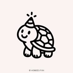 a black and white drawing of a turtle wearing a party hat