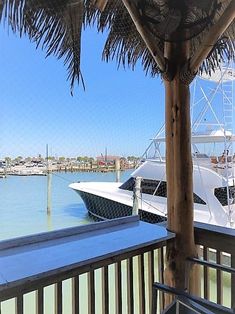 there is a boat that is docked in the water next to a dock and palm trees