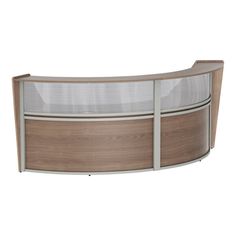 Provide a welcoming impression at your reception area with this Linea Italia 2 panel curved reception desk / counter. This modern and stylish reception counter is designed to impress your clients and guests with its sleek appearance. The durable metal frame with leveling glides ensures stability and sturdiness, making it perfect for high-traffic areas like offices, schools, salons, and lobbies. The thermo-fused wood construction with a laminated walnut finish adds a touch of sophistication to any space, while the curved design adds a contemporary flair.    This unit includes a top acrylic panel that is partially see-through to allow light into the desk space and provide added convenience in reception areas! With a 19 3/4" desk depth and 13" counter depth, this reception desk / counter prov Laminate Reception Desk, Front Desk Reception, Curved Reception Desk, Walnut Laminate, Desk Reception, Reception Desk Counter, Cash Counter, Desk Counter, Reception Counter