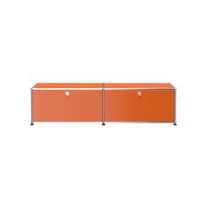 an orange cabinet with two doors and wheels on the bottom, against a white background