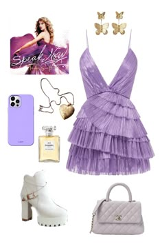 a purple dress and accessories are arranged on a white background