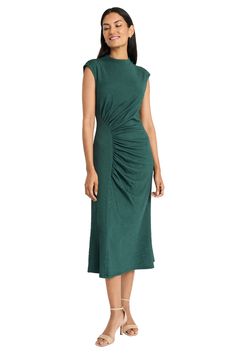 Sophisticated elegance is Gayle, a midi dress that redefines modern femininity. The high neckline and cap sleeves offer a polished look, while the strategically placed ruching creates a flattering silhouette. Perfect for impressing at important business meetings, delivering keynote speeches, or transitioning seamlessly to upscale dinner engagements where you need to command attention with grace. Formal Sleeveless Midi Dress With Gathered Neckline, Formal Midi Dress With Gathered Neckline, Green Midi Dress With Ruched Fitted Bodice, Green Ruched Midi Dress With Fitted Bodice, Green Ruched Midi Dress, Green Midi Dress With Ruched Bodice For Evening, Green Ruched Bodice Midi Dress For Evening, Elegant Green Dress With Gathered Neckline, Ruched Midi Dress With Fitted Bodice For Work