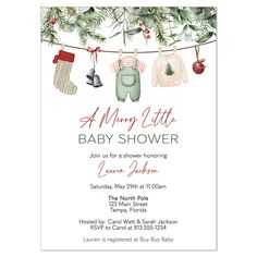 a baby shower is shown with stockings and mitts hanging from the clothes line,