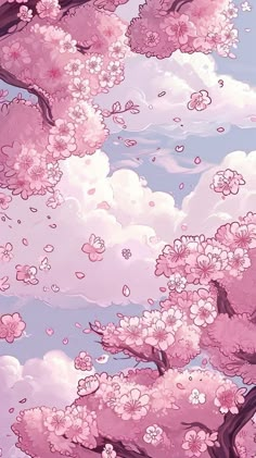 the sky is filled with pink flowers and clouds in the shape of cherry blossom trees