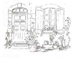 a black and white drawing of a house with potted plants