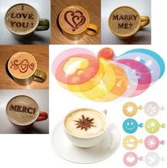 a cup of coffee next to some colorful circles