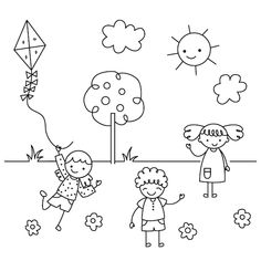 three children playing with a kite in the park coloring pages for kids, free printable