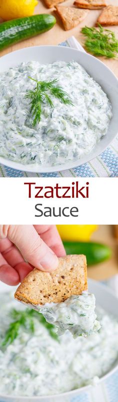 two pictures showing the process of making tzatziki sauce with crackers and lemons