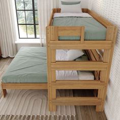 a wooden bunk bed sitting next to a window