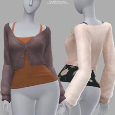 two female mannequins are standing next to each other wearing sweaters and shorts