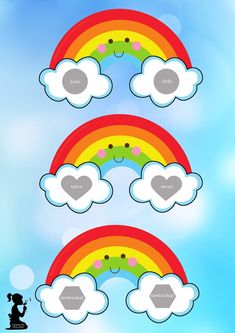 three rainbows with clouds in the sky and one has a heart on it's side