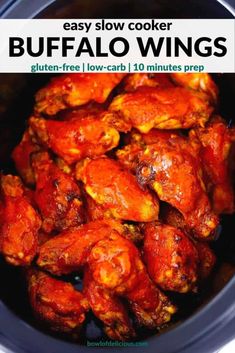 an easy slow cooker buffalo wings recipe in a crock pot with text overlay