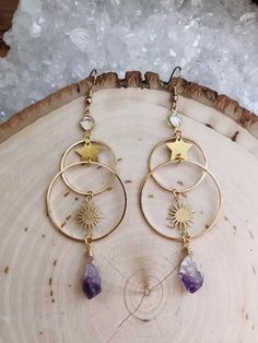 super lovely earrings Hoop Jewelry With Star Charm In Metal, Magical Moon, Amethyst Birthstone, Funky Jewelry, Birthstone Earring, Moon Stars, Amethyst Earrings, Fantasy Jewelry, Bijoux Diy