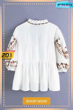 Floral Embroidery Peplum Blouse Spring Long Sleeve Tops With Embroidered Neckline, Long Sleeve Embroidered Top With Floral Design For Summer, Casual Long Sleeve Tops With Resham Embroidery, White Blouse With Embroidered Sleeves For Fall, Casual Resham Embroidery Blouse For Spring, Casual Resham Embroidered Blouse For Spring, Spring Long Sleeve Top With Geometric Embroidery, Embroidered Long Sleeve Summer Blouse, Long Sleeve Tops With Geometric Embroidery For Summer