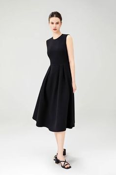 Fibflx Women's Sleeveless Black Summer Dress Classic Sleeveless Midi Dress With Flattering Silhouette, Classic Sleeveless Midi Dress For Summer, Black Sleeveless Dress With Flattering Silhouette For Summer, Black Pleated Sleeveless Dress For Evening, Elegant Sleeveless Pleated Dress In Solid Color, Classic Sleeveless Stretch Dress, Elegant Pleated Sleeveless Dress, Black Midi Dress With Pleated Back, Classic Black Sleeveless Dress For Summer