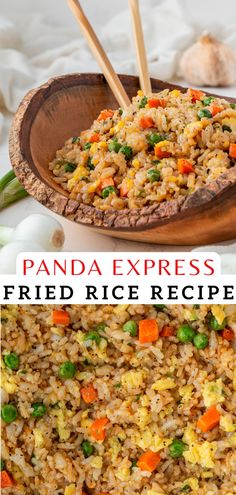 fried rice with peas and carrots in a wooden bowl on a white tablecloth