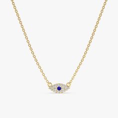 This dainty Sapphire & Diamond Evil Eye Necklace offers subtle protection and timeless elegance. It features a 14k gold chain (available in yellow, rose, or white gold) with a small, round pendant crafted in the shape of an evil eye. A single, sparkling blue sapphire sits at the center of the "eye," symbolizing warding off negativity and bringing good luck to the wearer. Delicate diamonds surround the sapphire, adding a touch of brilliance and enhancing the design. - Handmade - Solid Gold - Natural Diamonds and Sapphire  - G Color, SI Quality Diamonds - Total Diamond Carat Weight: 0.05 ctw - Total Sapphire Carat Weight: 0.03 ctw - Size of Eye: 8.5 x 3.5 mm 🛠 Your Sarah Elise piece is handcrafted with care! Ready-to-ship items go out within 3 business days. Made-to-order pieces typically t Yellow Gold Jewelry With Diamond Eyes For Anniversary, Classic Yellow Gold Jewelry With Diamond Eyes, Classic Gold Jewelry With Diamond Eyes, Elegant 14k Gold Jewelry With Diamond Eyes, Luxury Necklaces With Diamond Eyes For Anniversary, Luxury Diamond Eyes Necklaces For Anniversary, Classic Yellow Gold Necklace With Diamond Eyes, Classic Yellow Gold Necklaces With Diamond Eyes, Formal Yellow Gold Jewelry With Diamond Eyes