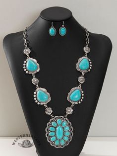 Western style retro special-shaped turquoise necklace with earrings jewelry set blue Blue Dangle Earrings Made Of Alloy, Blue Dangle Jewelry Made Of Alloy, Blue Alloy Dangle Jewelry, Blue Dangle Jewelry In Alloy, Turquoise Bohemian Metal Jewelry Sets, Cowgirl Dresses, Country Dresses, Necklace Turquoise, Vintage Turquoise