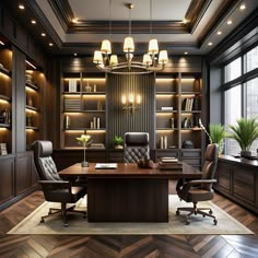 an office with wooden flooring and built in bookcases, leather executive chairs and desk