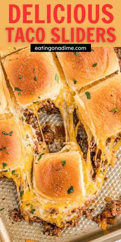 delicious taco sliders on a baking sheet with text overlay