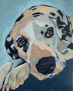 a painting of a dalmatian dog's face with his chin resting on its paw