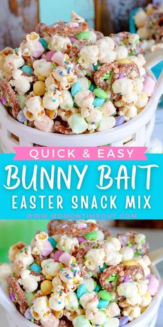 an easter snack mix in a white bowl with the title overlay reading quick and easy bunny bait easter snack mix