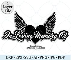 the loving memory logo with wings and hearts in black on a white background, is shown