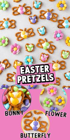 an easter pretzels recipe is shown with the words bunny, flower and butterfly cookies