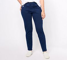 Featuring easy pull-on styling and a classic straight leg, these feel-fab jeans make a versatile addition to your casual collection. From Quacker Factory®. Blue Non-stretch Jeans With Elastic Waistband, Straight Leg, Pants