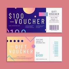 two colorful gift vouchers on a pink and blue background with the words $ 100 voucher