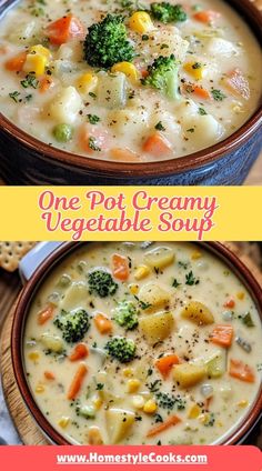 one pot creamy vegetable soup is shown in two different bowls with the same toppings