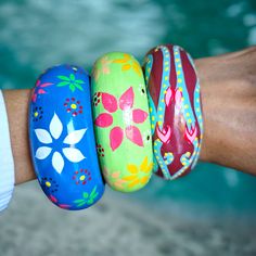 Hand Painted Wooden, Wholesale Of 3 Bangles, Wooden Bracelets, Floral Design, Wooden Jewelry, Chunky Bohemian Bangles, Natural Jewelry