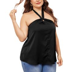 Introducing this Plus Size Self Tie Halter Neck Suspender Vest Sleeveless Cami Camisole - the perfect addition to any woman's wardrobe. Designed specifically for women's plus size, this top features a sleeveless design, making it perfect to wear alone or layer with other tops such as tunics or cardigans. The self-tie halter neck adds a touch of elegance, while the suspender vest design creates a unique and stylish look. This top pairs perfectly with any outfit, whether it's worn with leggings, s Sleeveless Chambray, Halter Shirt, Vest Design, High Neck Tank Top, Vest Designs, Black Camisole, Chambray Top, Womens Tie, Ribbed Tank Tops