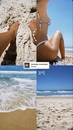 three different pictures of the same person in bikinis and barefoot shoes at the beach